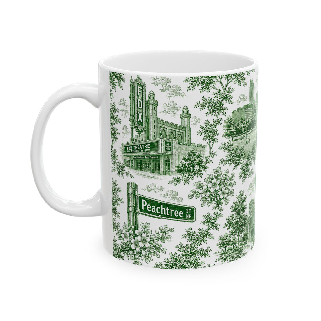 Atlanta Green Toile de Jouy Ceramic Mug — Atlanta, Georgia Skyline & Capitol Illustration (11oz)