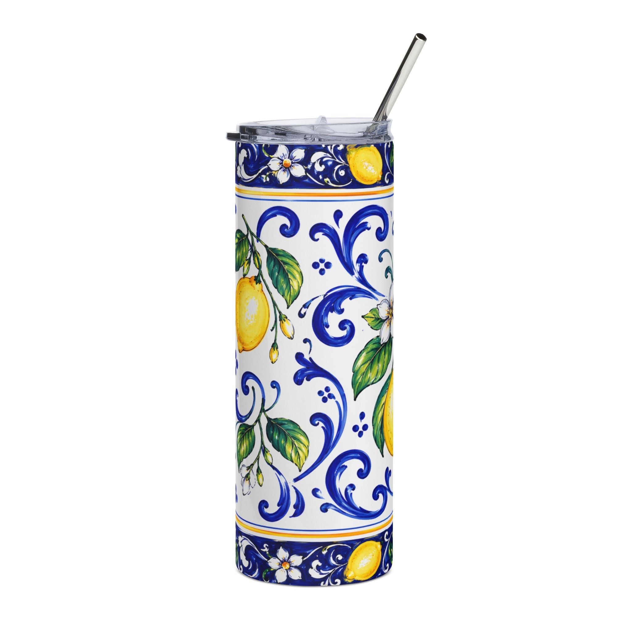 Little Italy Amalfi Blue and White with Lemon Stainless Steel Tumbler — 20oz Insulated Citrus Pattern Travel Cup
