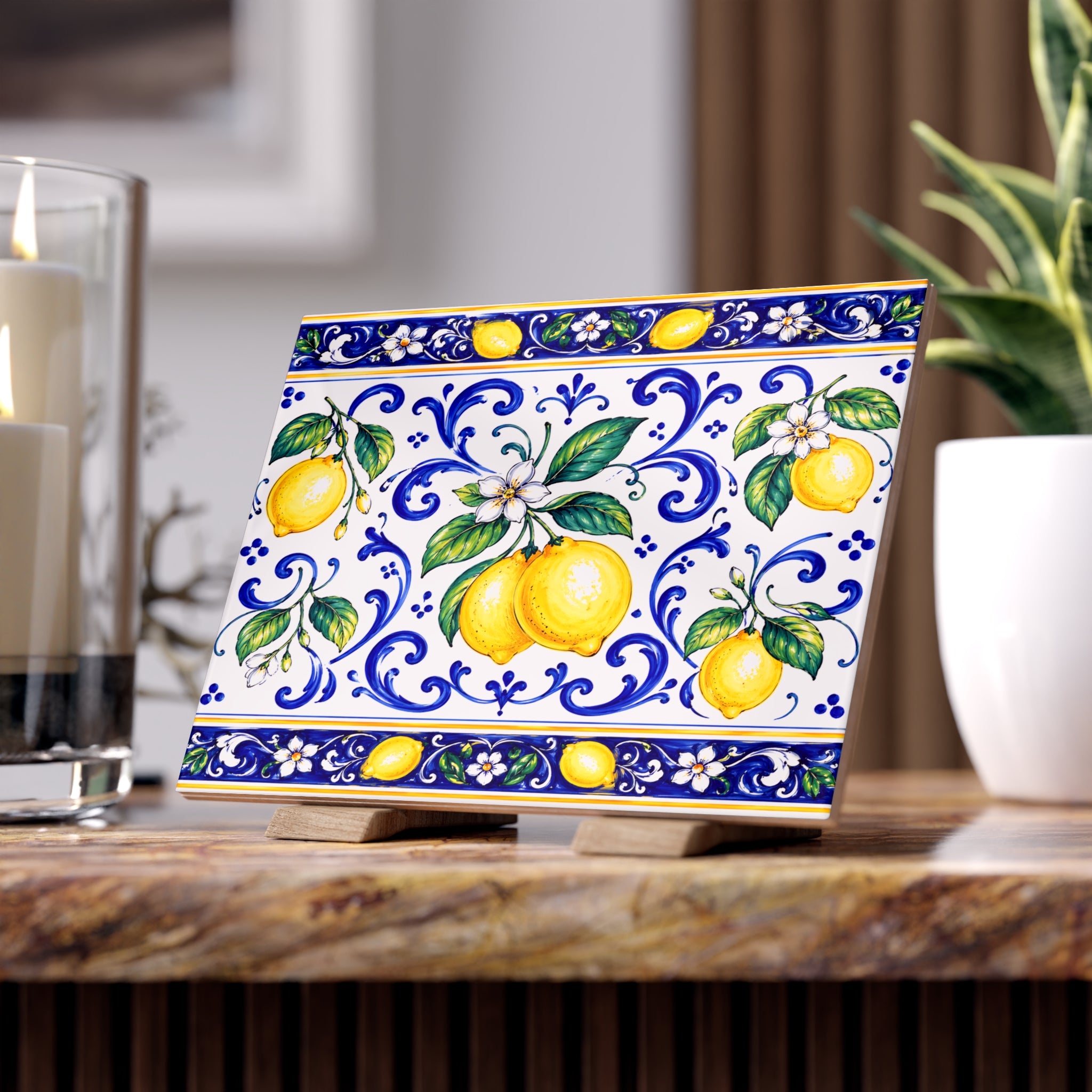 Little Italy Amalfi Blue and White with Lemon Ceramic Tile - Mediterranean Lemon Decorative Kitchen Backsplash Tile Art 6" x 8"
