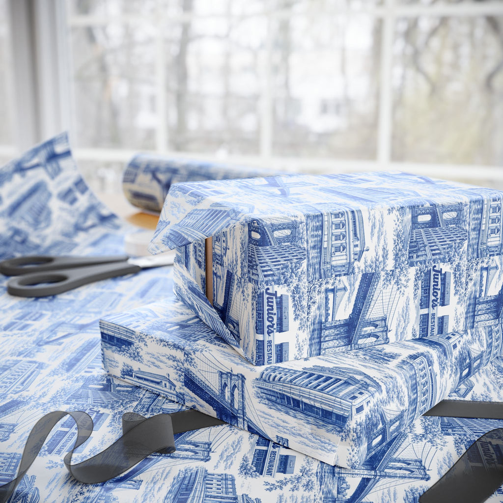 Brooklyn NYC Blue Toile Gift Wrapping Papers   Chinoiserie New York City Gift Wrap Brooklyn Bridge Prospect Park Junior's DUMBO Museum