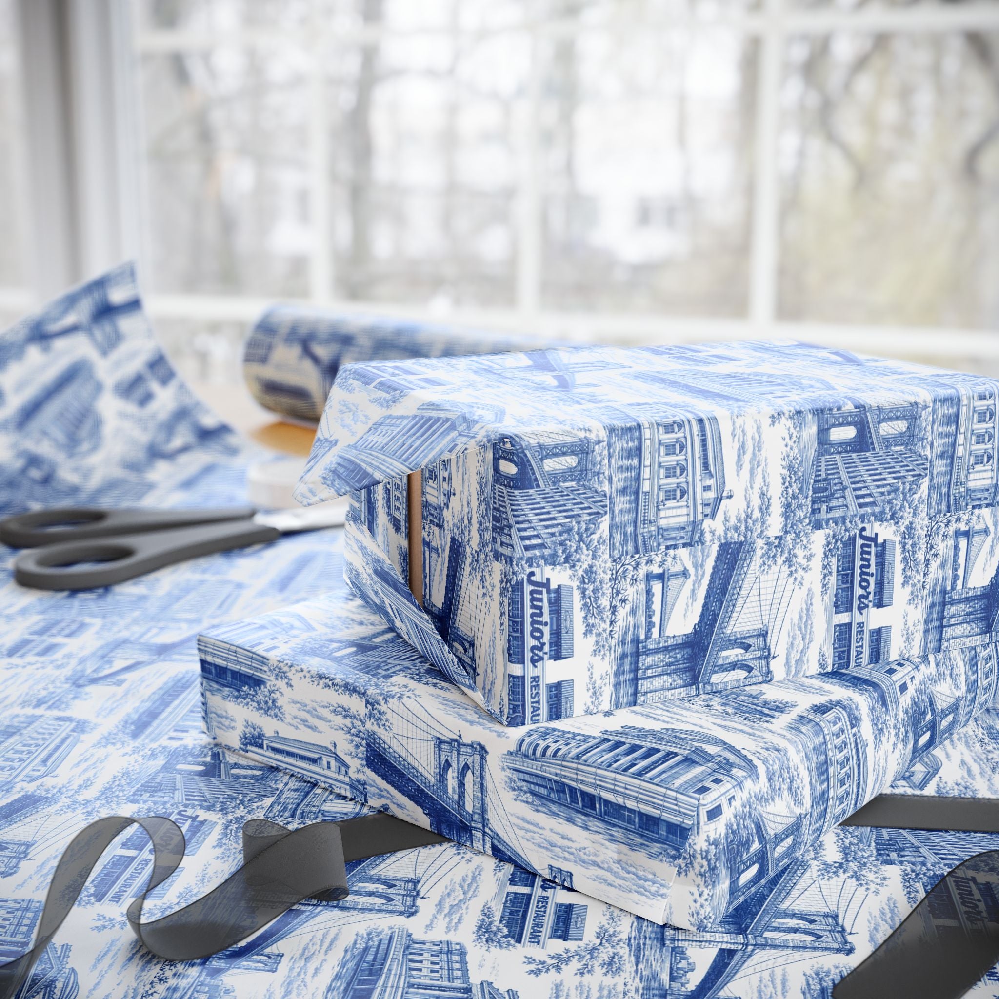 Brooklyn NYC Blue Toile Gift Wrapping Papers   Chinoiserie New York City Gift Wrap Brooklyn Bridge Prospect Park Junior's DUMBO Museum