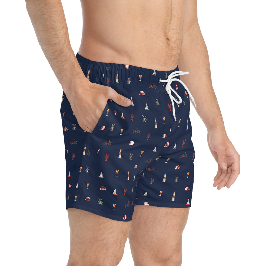 Icons of the Hamptons Swim Trunks — Men's Navy All-Over Coastal Pattern