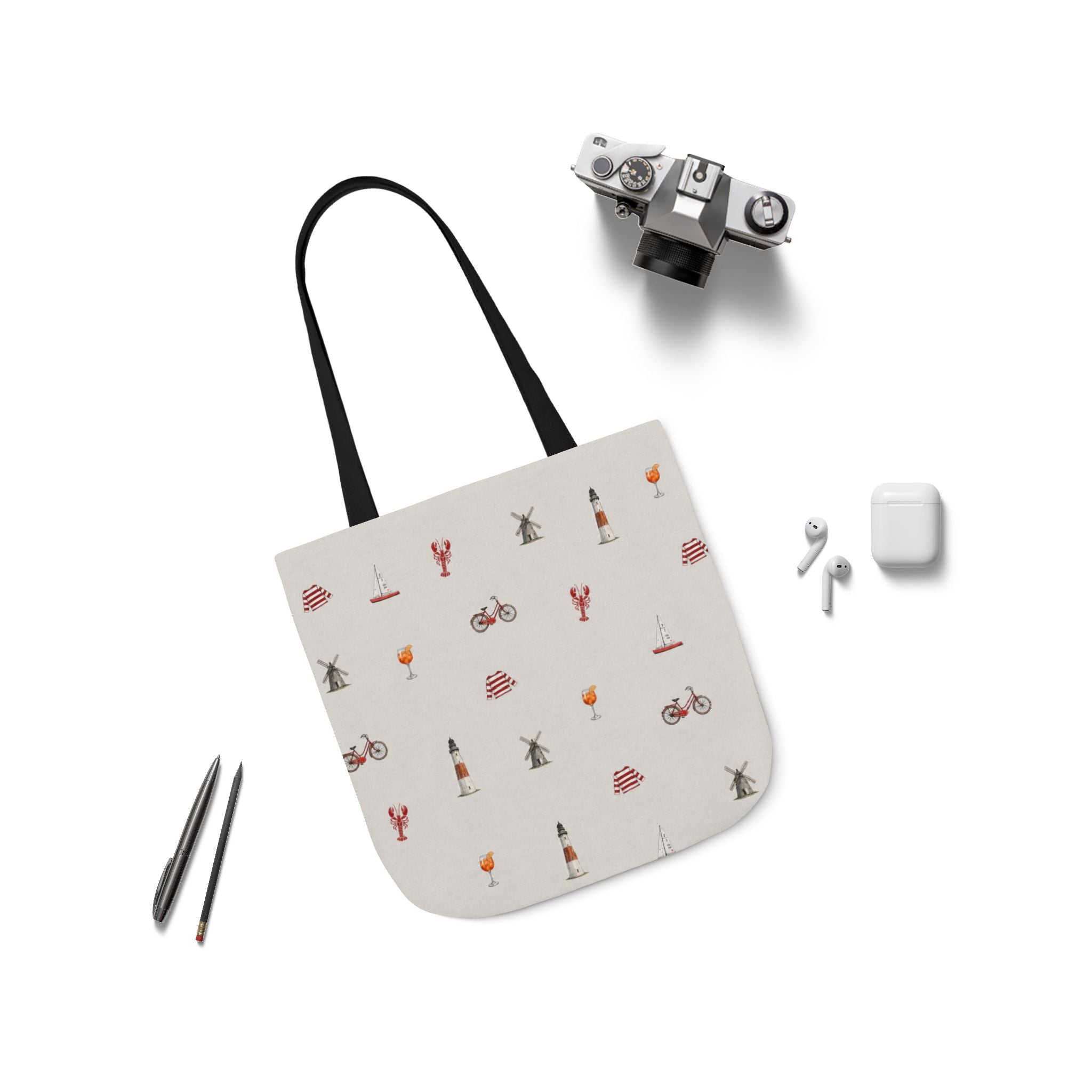 Icons of the Hamptons Heather Gray Canvas Tote — Lighthouse, Windmill, Lobster, Sailboat Icons