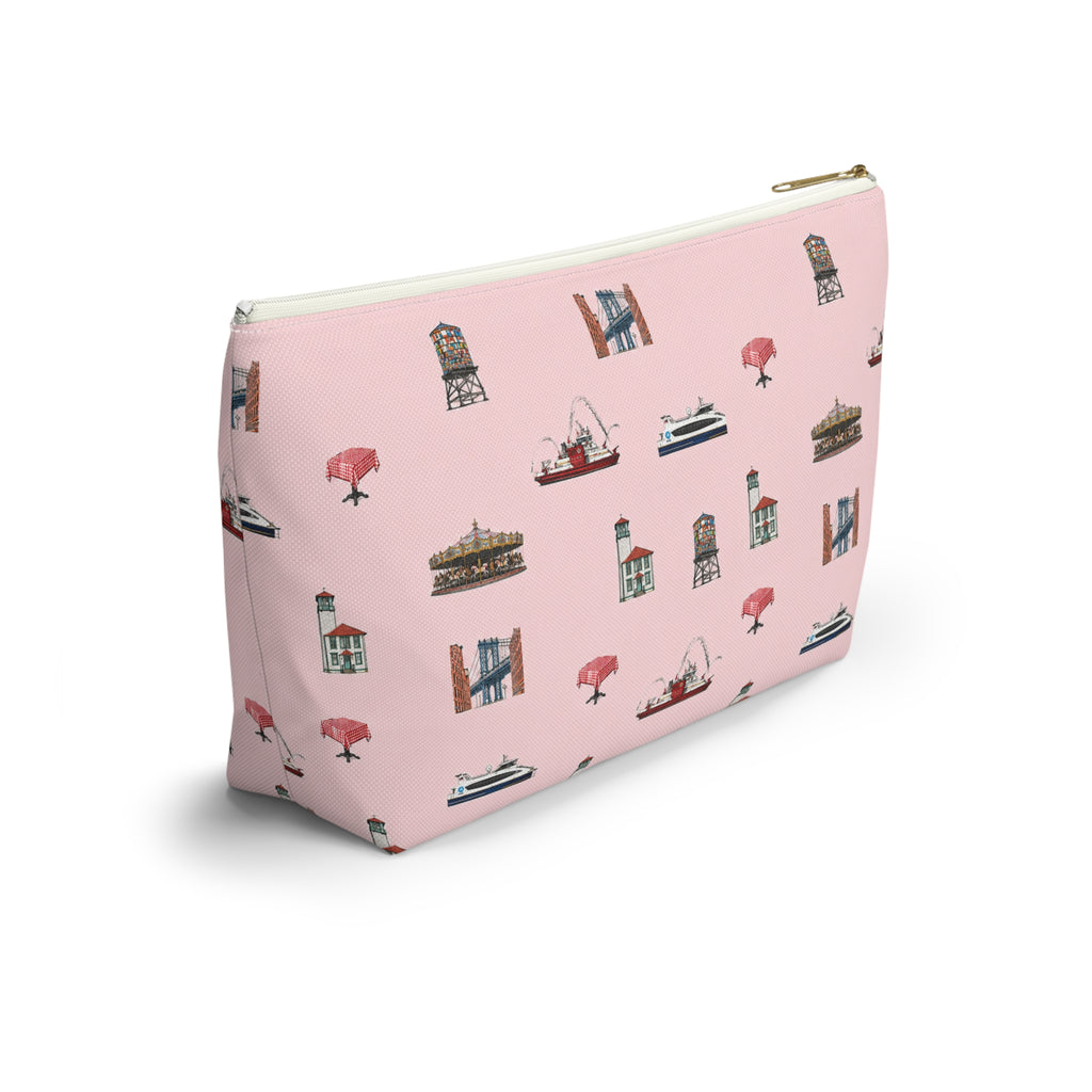 Icons of DUMBO Large Pink Accessory Pouch — T-Bottom Makeup Bag
