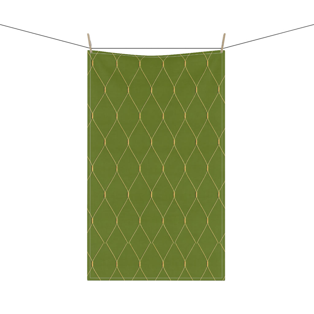 Customizable Gold Netting Wine Bottle Tea Towel — Green Bottle with Gold Netting Kitchen Towel Hostess Gift