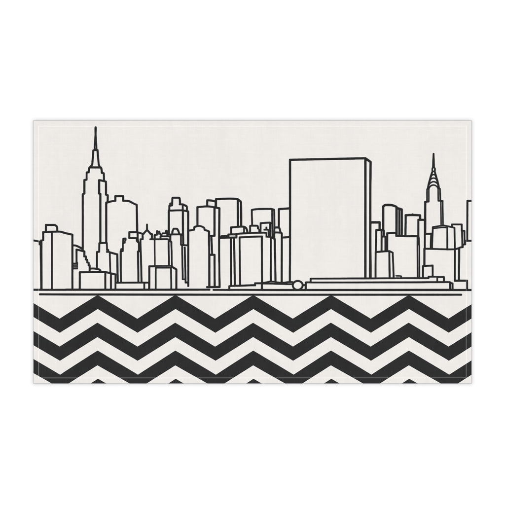 NYC Manhattan Skyline Chevron Tea Towel — Minimal Black & White New York City Skyline Kitchen Linen