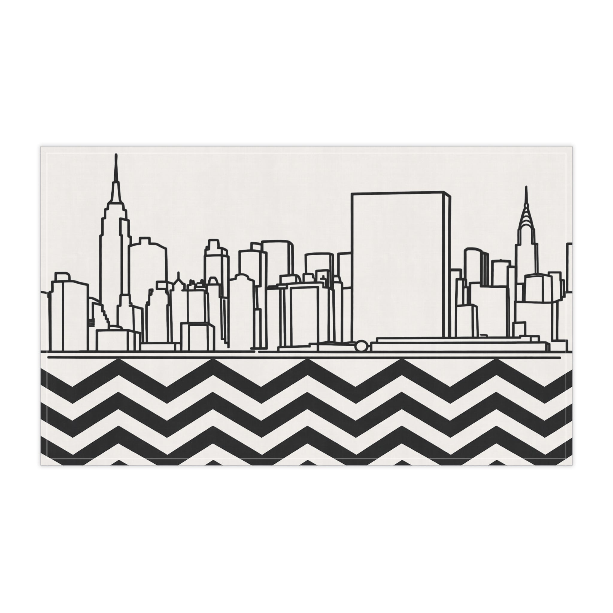 NYC Manhattan Skyline Chevron Tea Towel — Minimal Black & White New York City Skyline Kitchen Linen