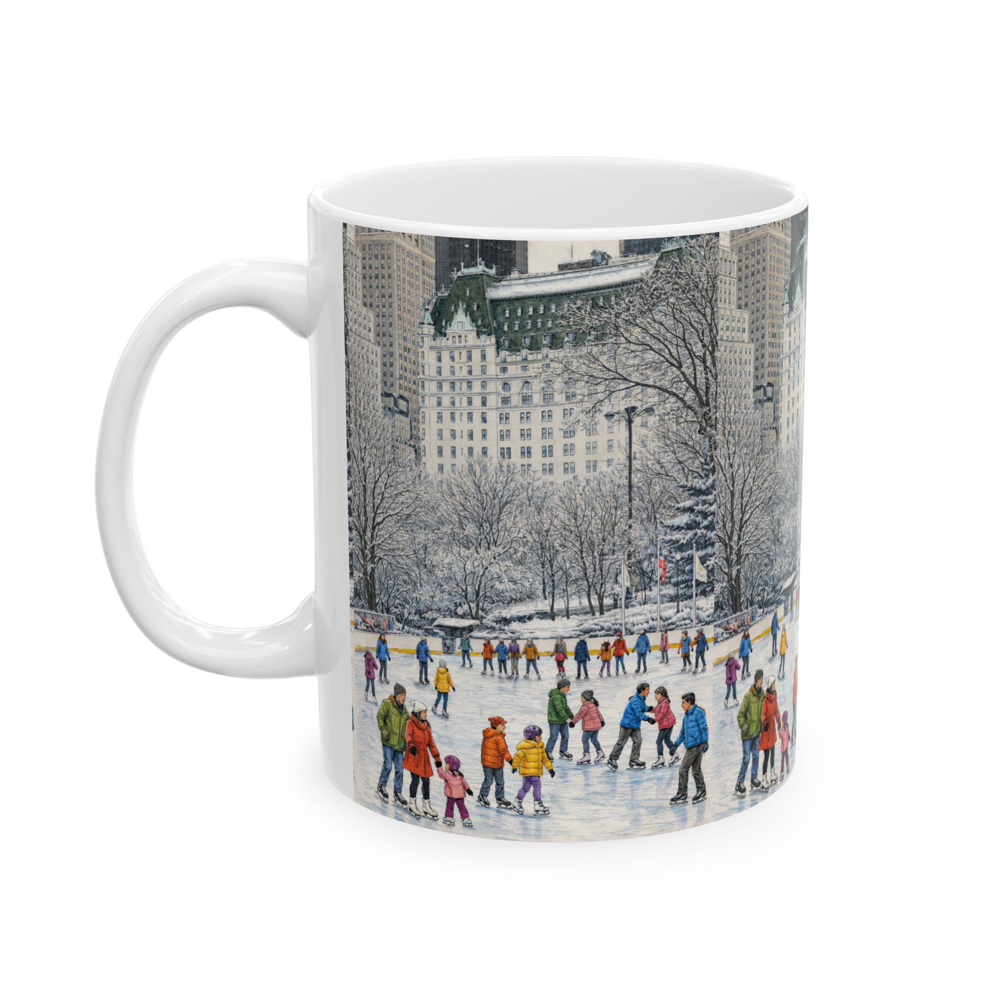 Central Park Wollman Rink Ice Skating Scene Mug | NYC The Plaza Winter Ceramic Coffee Cup