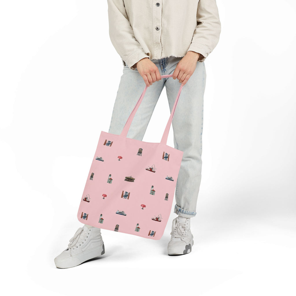 Icons of DUMBO Pink Canvas Tote Bag — Illustrated Brooklyn Landmarks Pattern