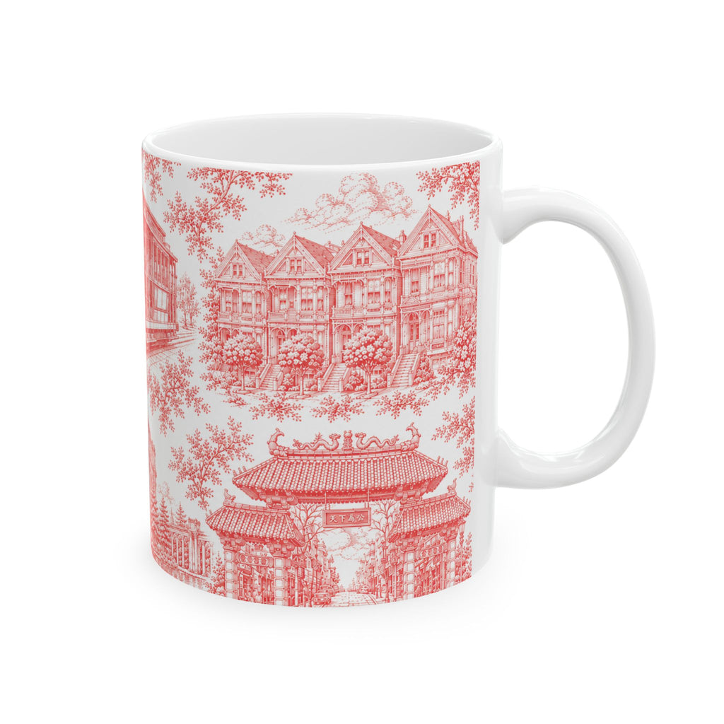 San Francisco RedToile de Jouy Ceramic Mug — Vintage Cable Car & Palace of Fine Arts Design (11oz)