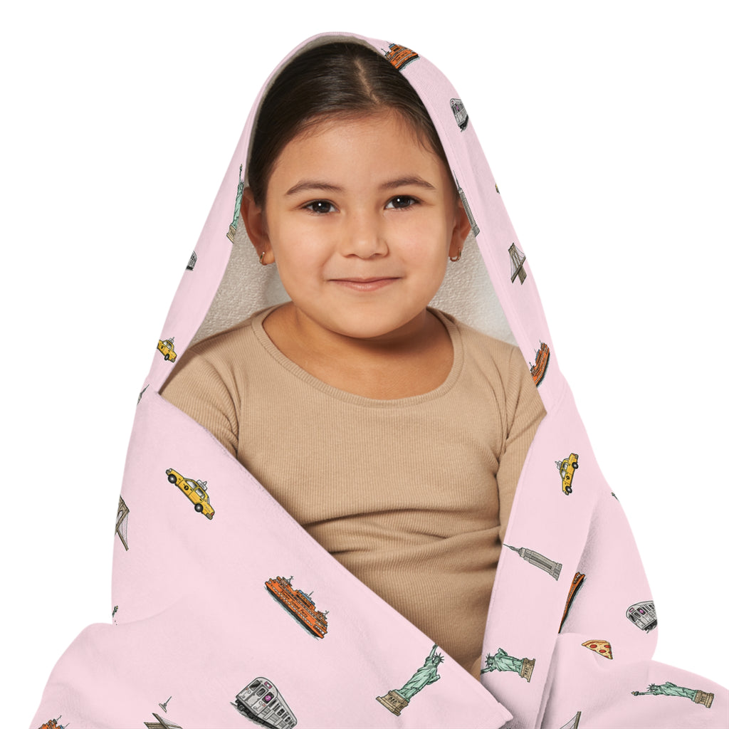 Icons of New York City Pink Hooded Kids Towel — Statue of Liberty, Pizza & Skyline Childrens Towel