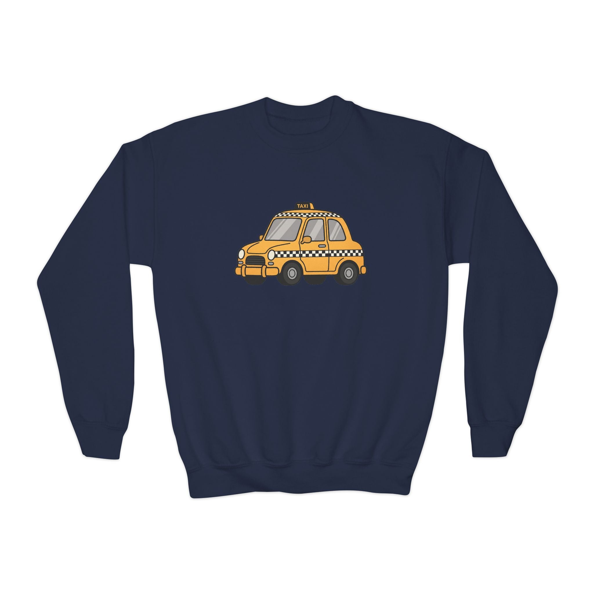 Taxi Cab NYC Kids Crewneck Sweatshirt — Yellow Checkered Taxi Cab Cartoon Graphic Childrens Sweater