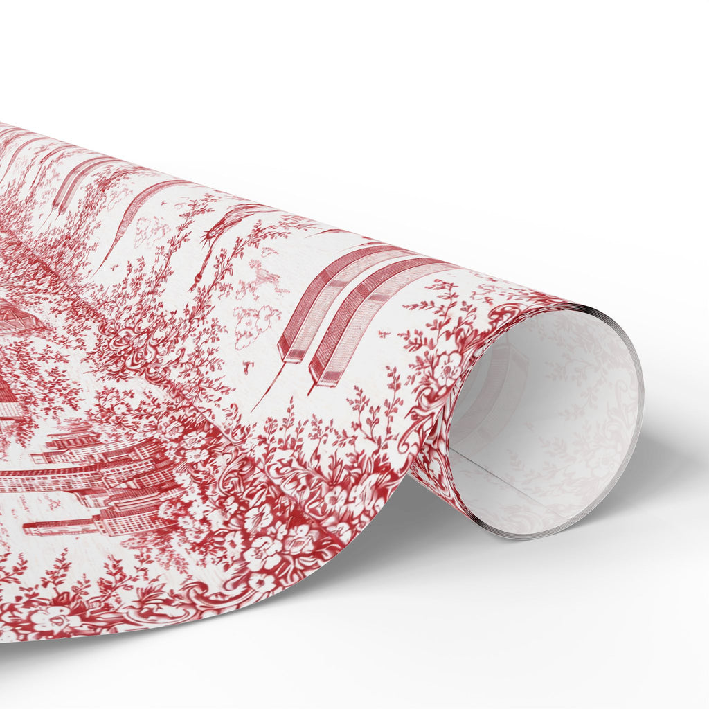 Manhattan NYC Red Toile Gift Wrapping Papers   Chinoiserie Old New York City Gift Wrap Empire State Building Twin Towers Statue of Liberty