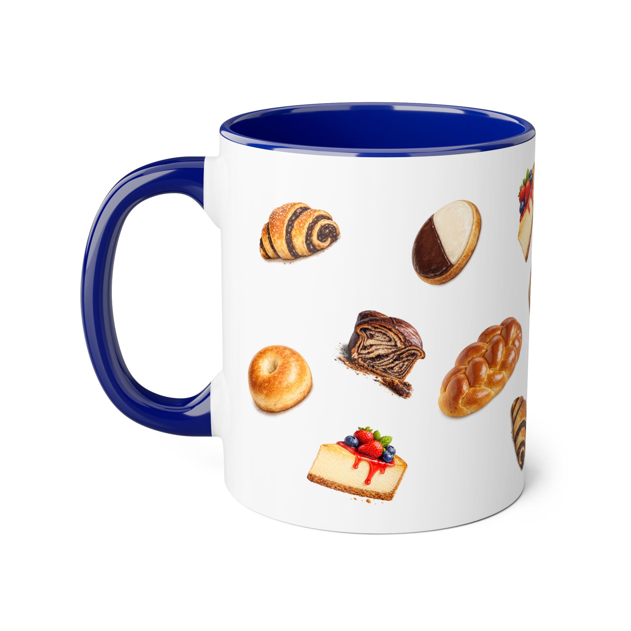 NYC Kosher Bakery Pattern Mug | Babka Cheesecake Rugelach Black + White Cookie Challah Bagel 11oz Ceramic Coffee Cup