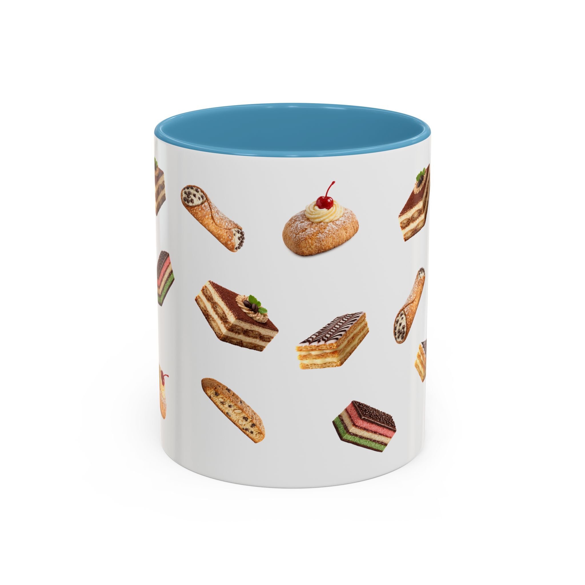 NYC Italian Bakery Pattern Accent Mug | Cannoli Rainbow Cookie Zeppoli Tiramisu Biscotti Napoleon 11oz Ceramic Coffee Cup