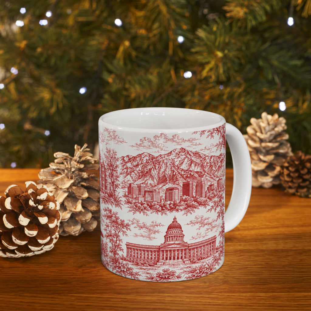 Salt Lake City Red Toile de Jouy Mug —  Ceramic Coffee Cup (11oz)