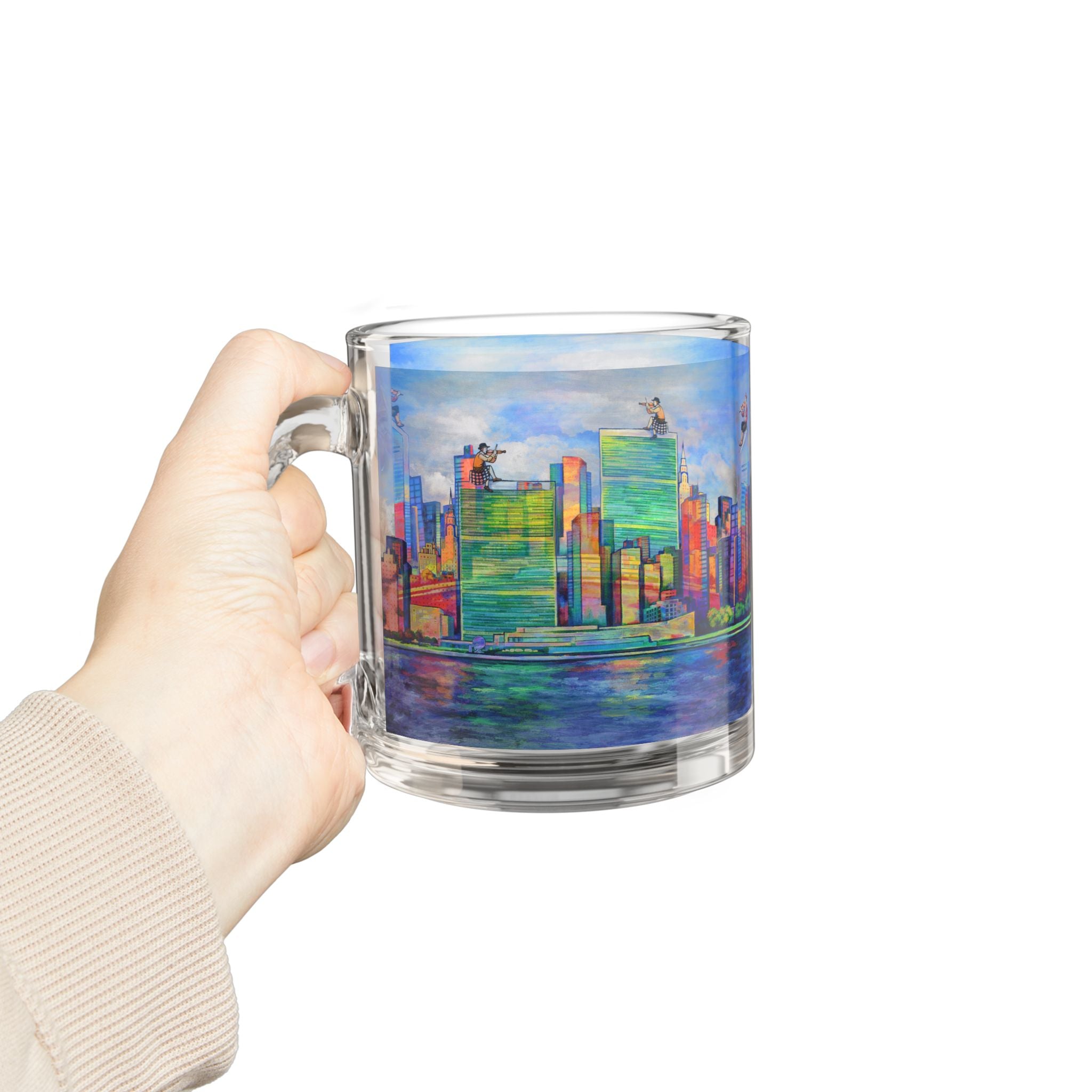Fiddler on the Manhattan Roof Marc Chagall-inspired Glass Mug | 10oz NYC Manhattan Skyline Pattern