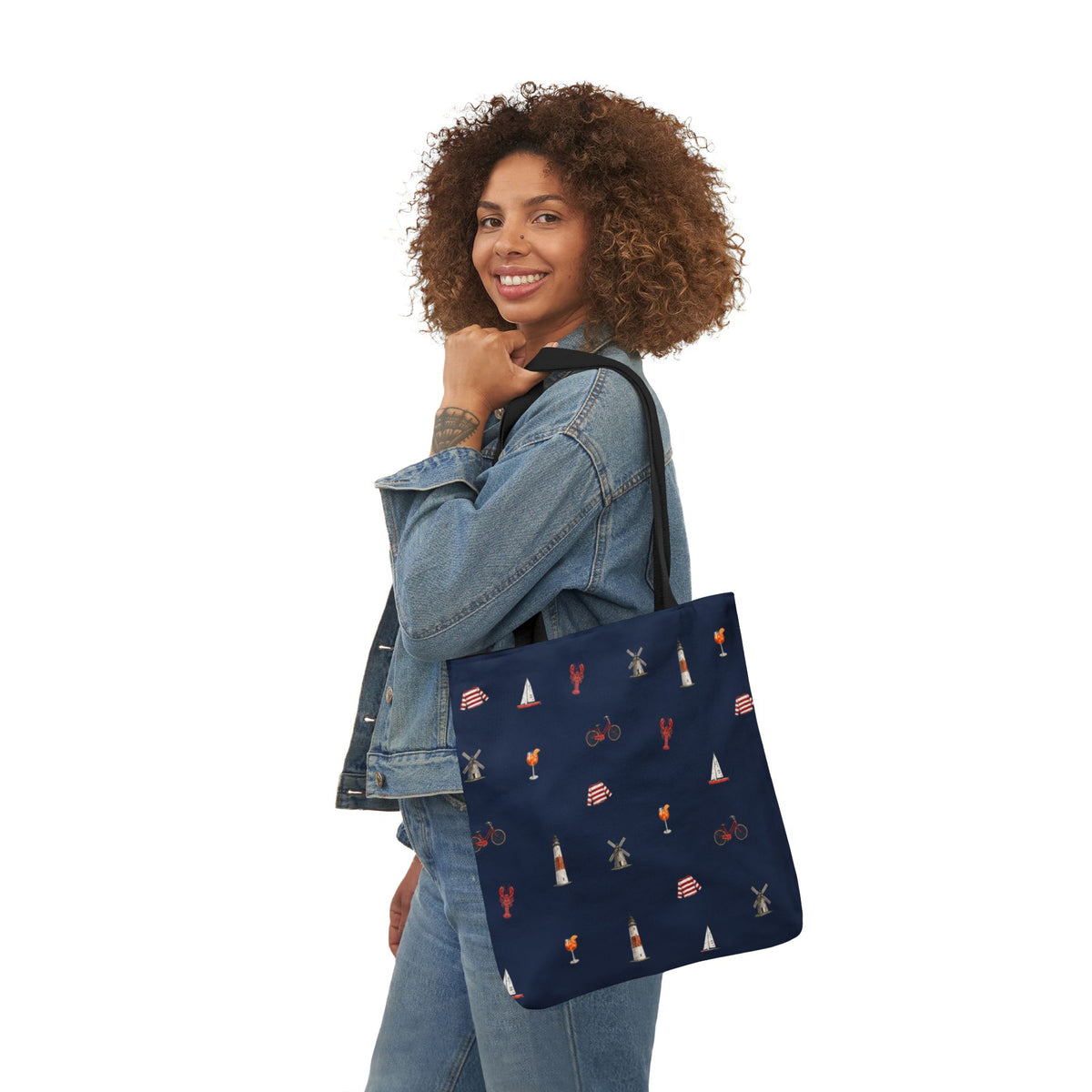Icons of The Hamptons Blue Canvas Tote — Lighthouse, Windmill, Lobster, Sailboat print