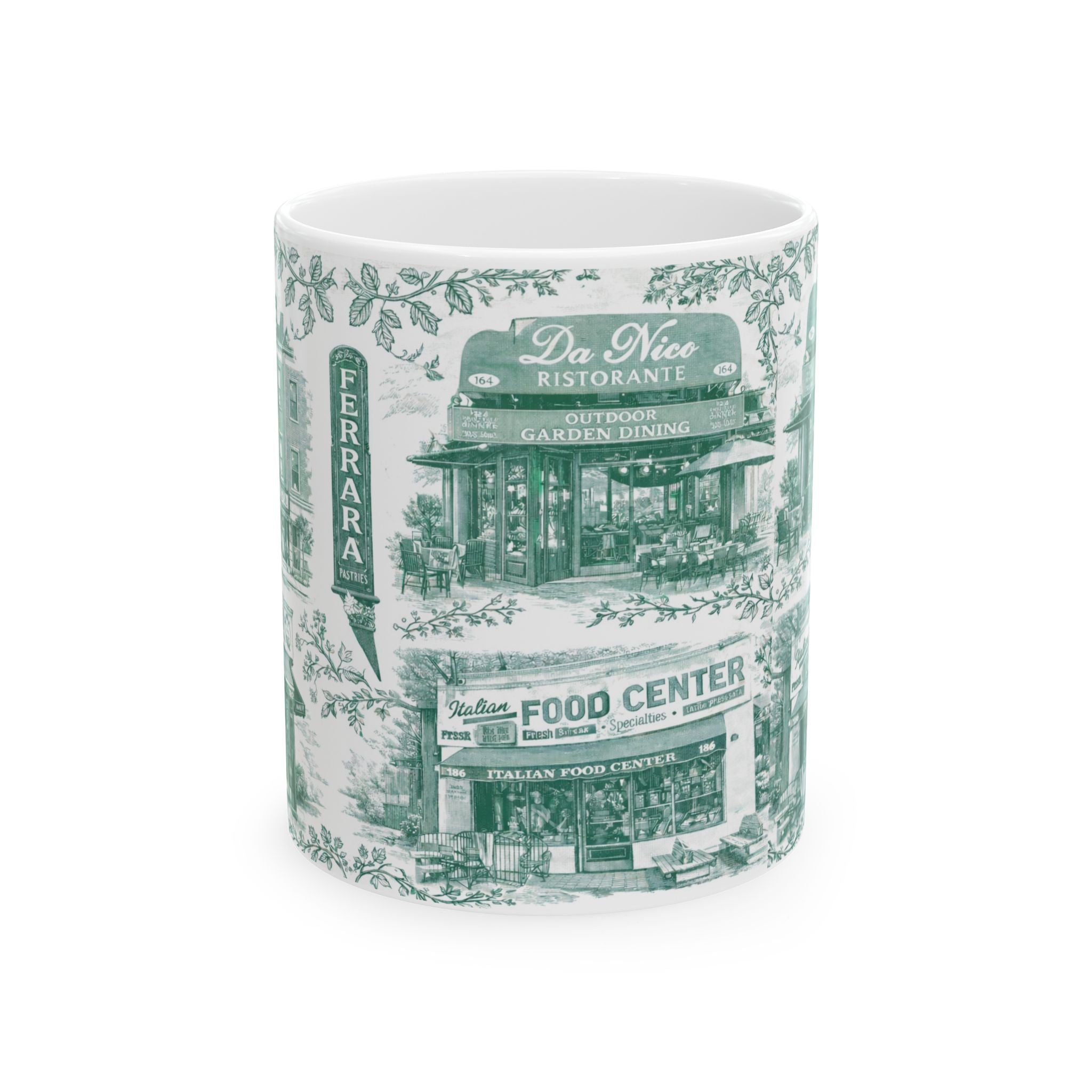 Little Italy Green and White Toile Cityscape Mug | NYC Chinoiserie Ceramic Coffee Cup