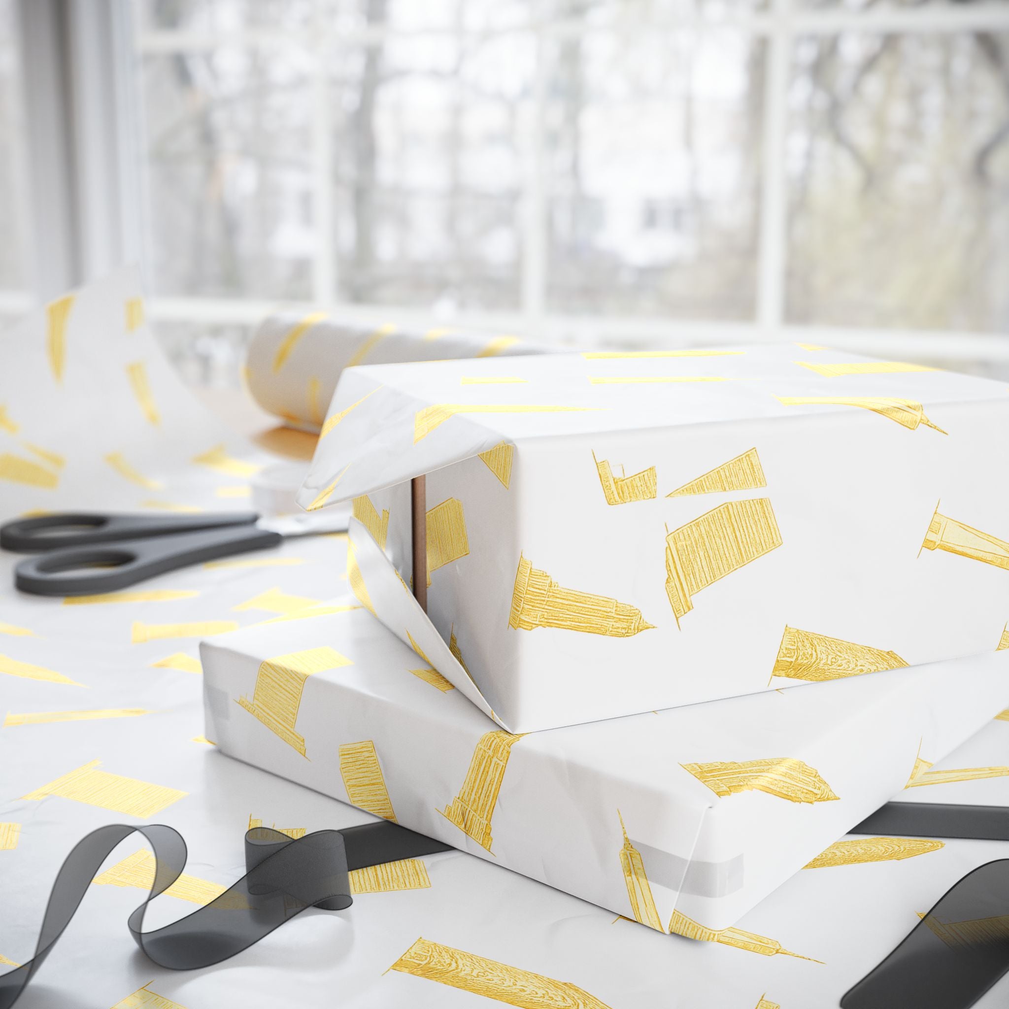 NYC Architecture Gold Pattern Gift Wrap Paper | Iconic New York Buildings Empire State Chrysler Flatiron Wrapping Paper