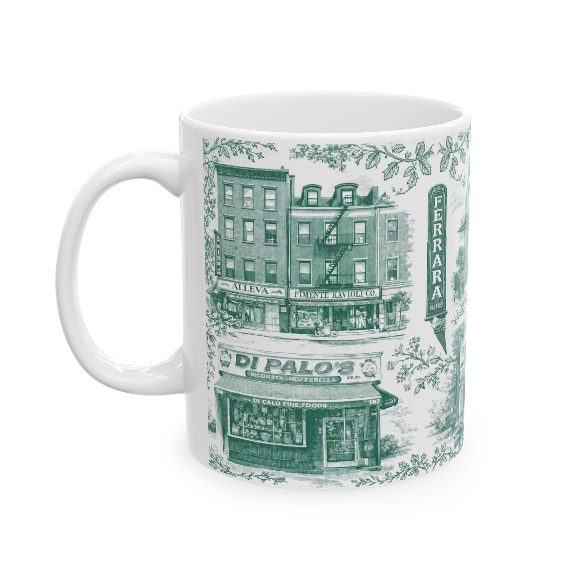 Little Italy Green and White Toile Cityscape Mug | NYC Chinoiserie Ceramic Coffee Cup