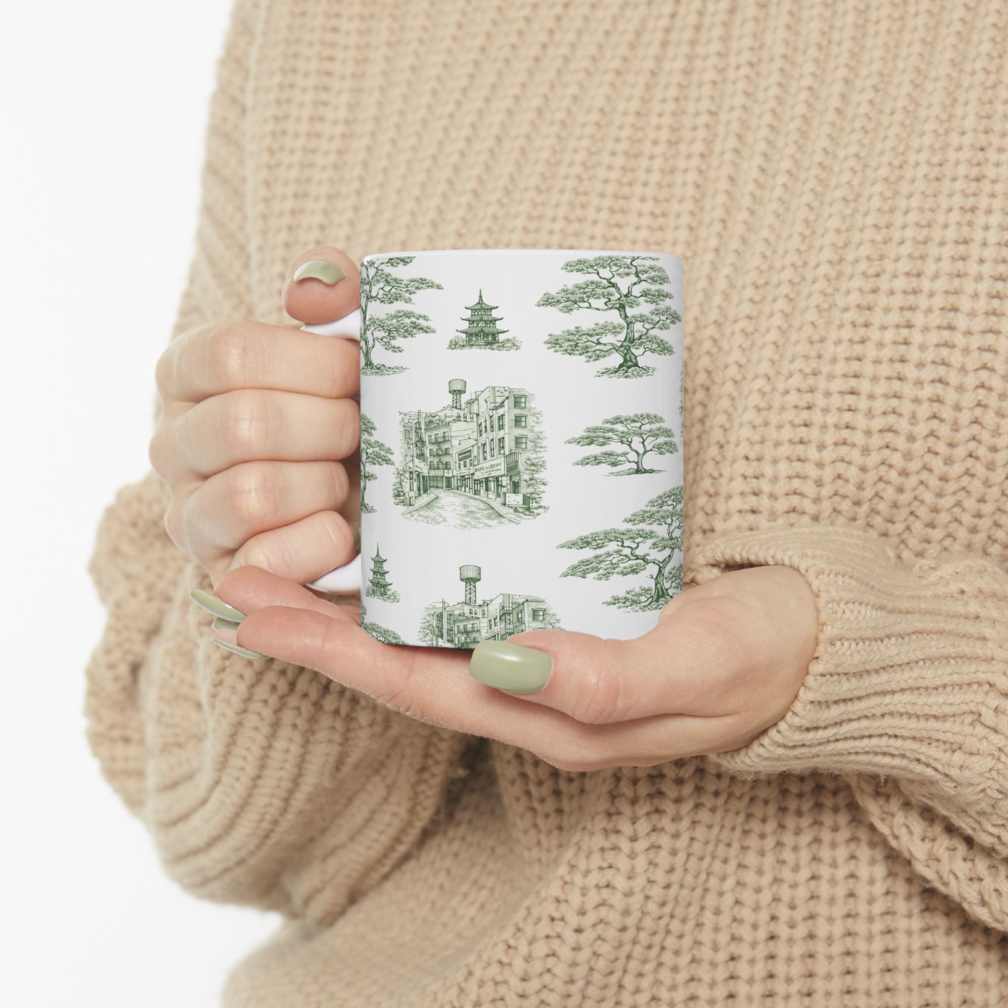 Chinatown Doyers Street Green Toile de Jouy Mug | New York City Chinoiserie Ceramic Mug 11oz