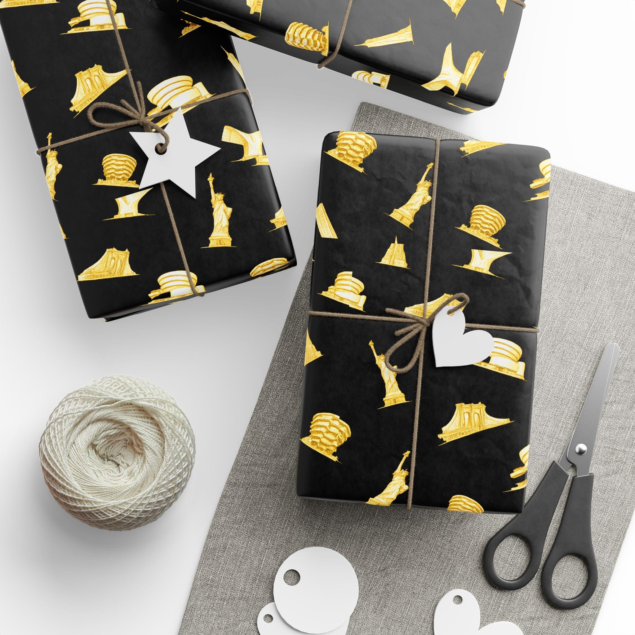 Gold NYC Landmarks on Black Gift Wrap Paper | New York Statue of Liberty Oculus Vessel Brooklyn Bridge Guggenheim Wrapping Paper Roll
