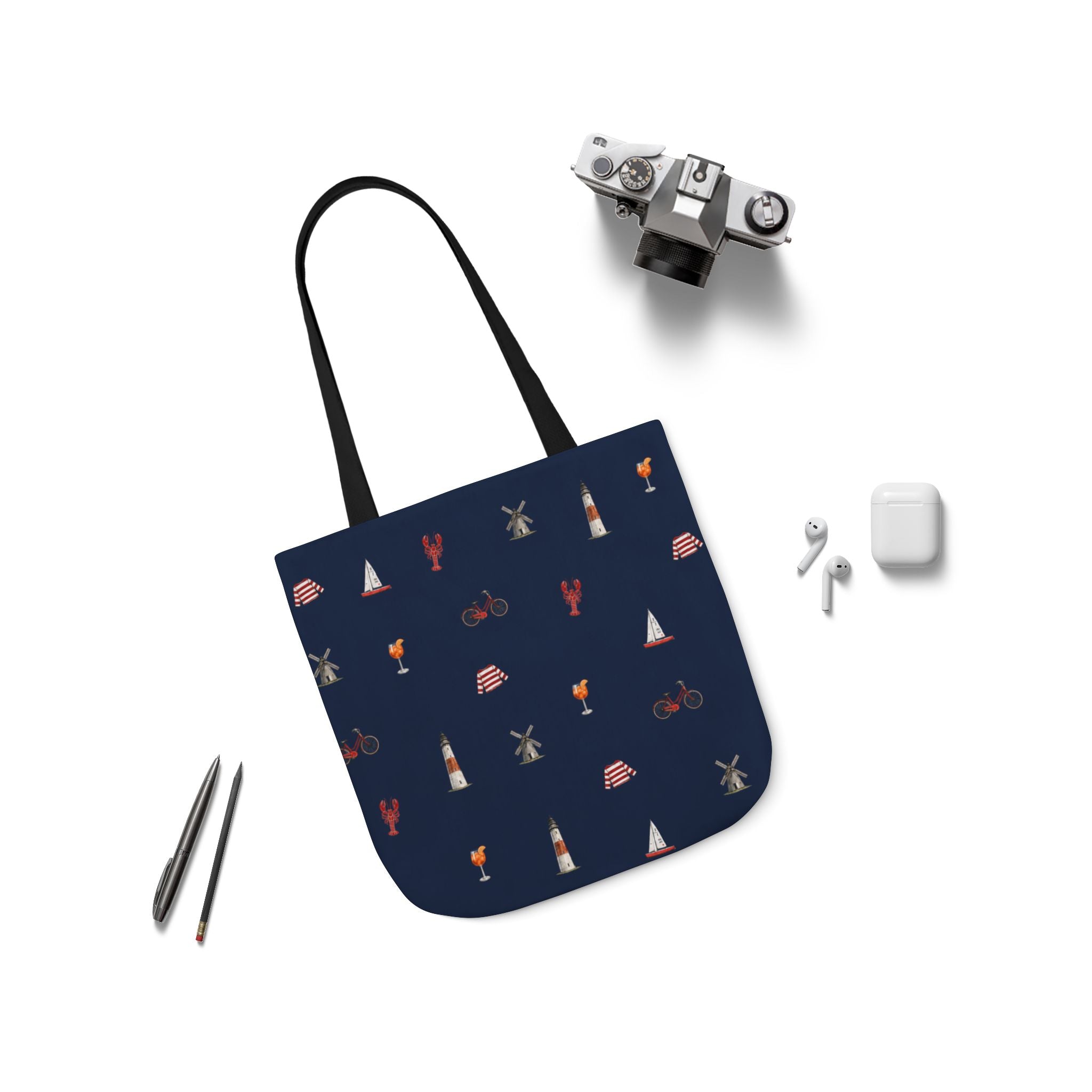 Icons of The Hamptons Blue Canvas Tote — Lighthouse, Windmill, Lobster, Sailboat print
