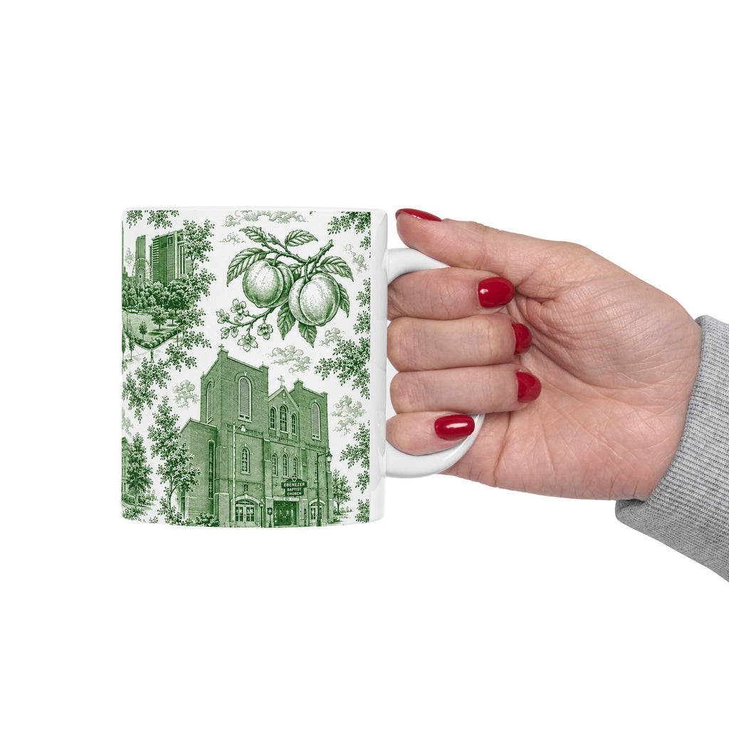 Atlanta Green Toile de Jouy Ceramic Mug — Atlanta, Georgia Skyline & Capitol Illustration (11oz)