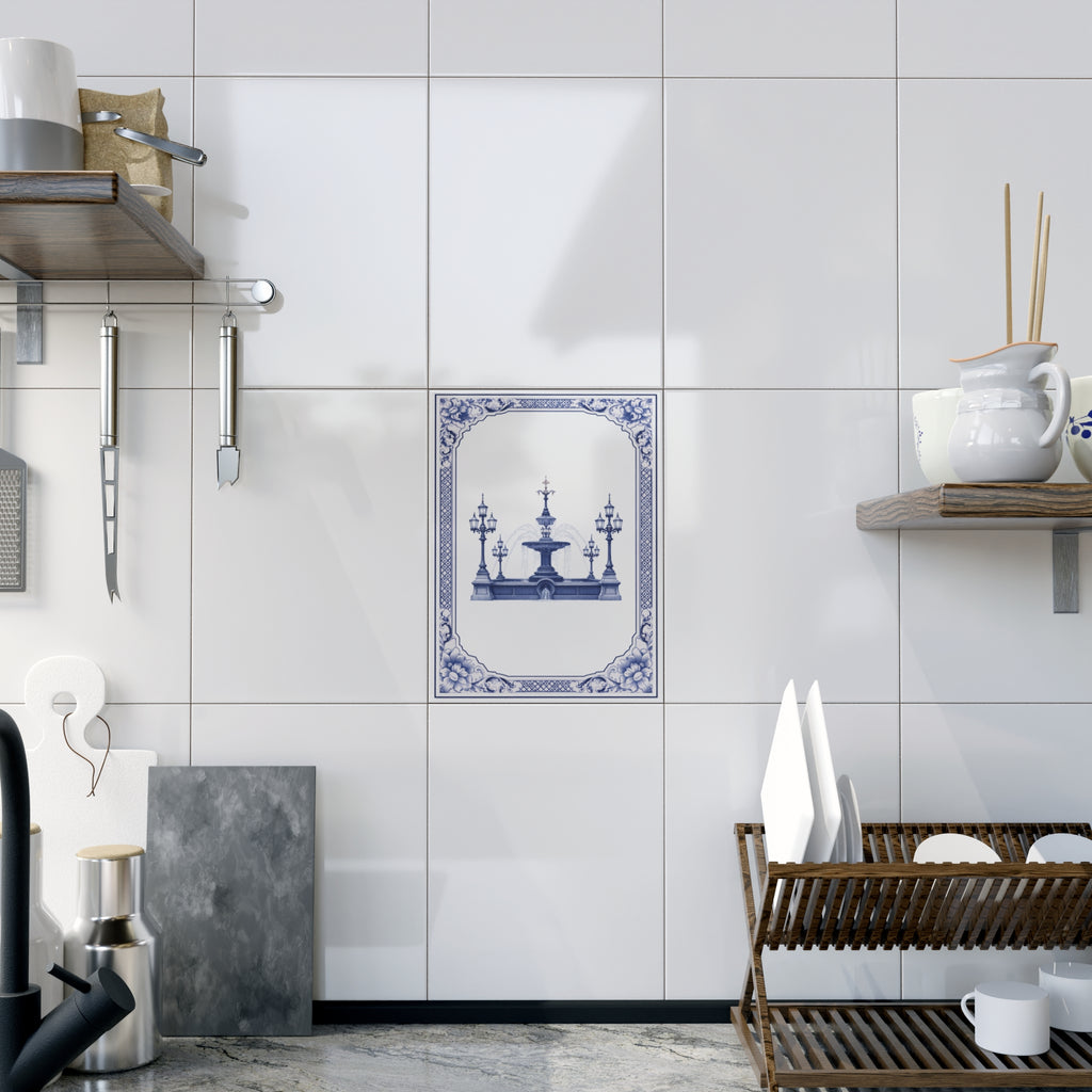 City Hall Park Jacob Wrey Mould Fountain Blue and White Azulejos-style Ceramic Shower Tile 6" x 8"