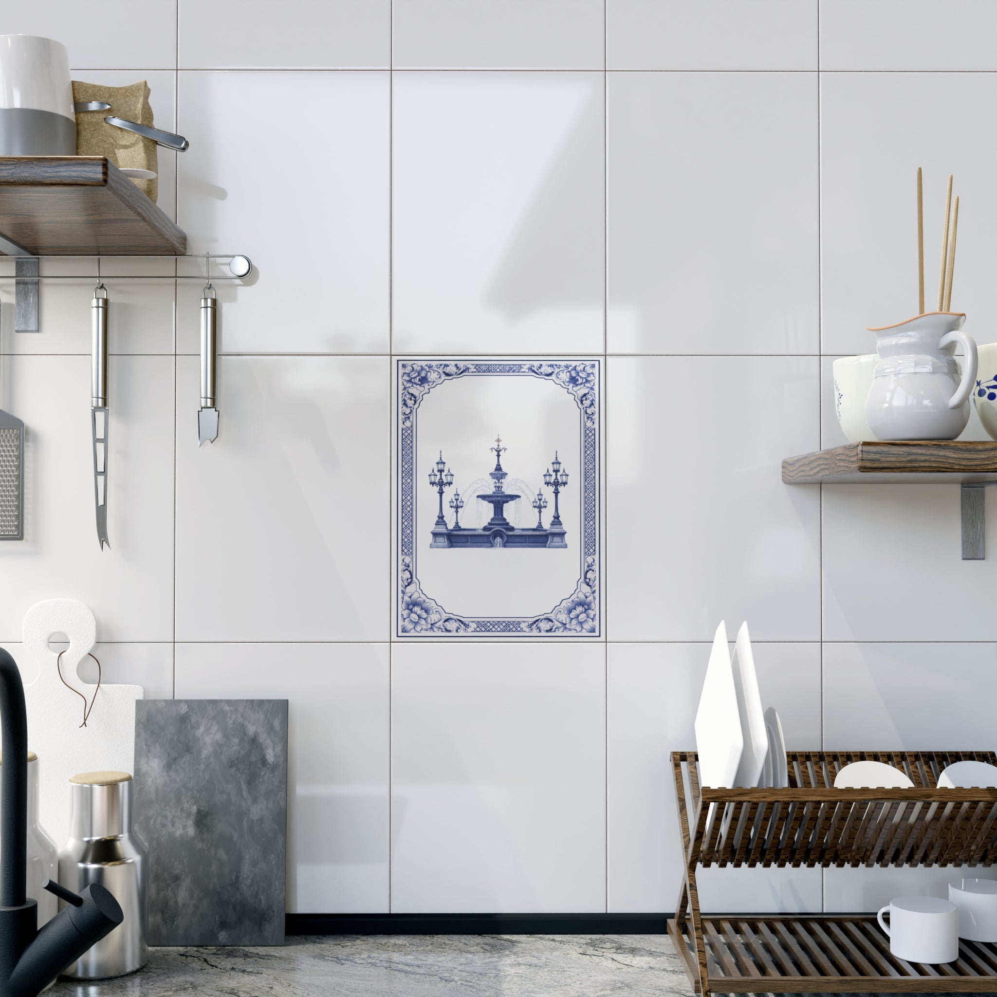 City Hall Park Jacob Wrey Mould Fountain Blue and White Azulejos-style Ceramic Shower Tile 6" x 8"