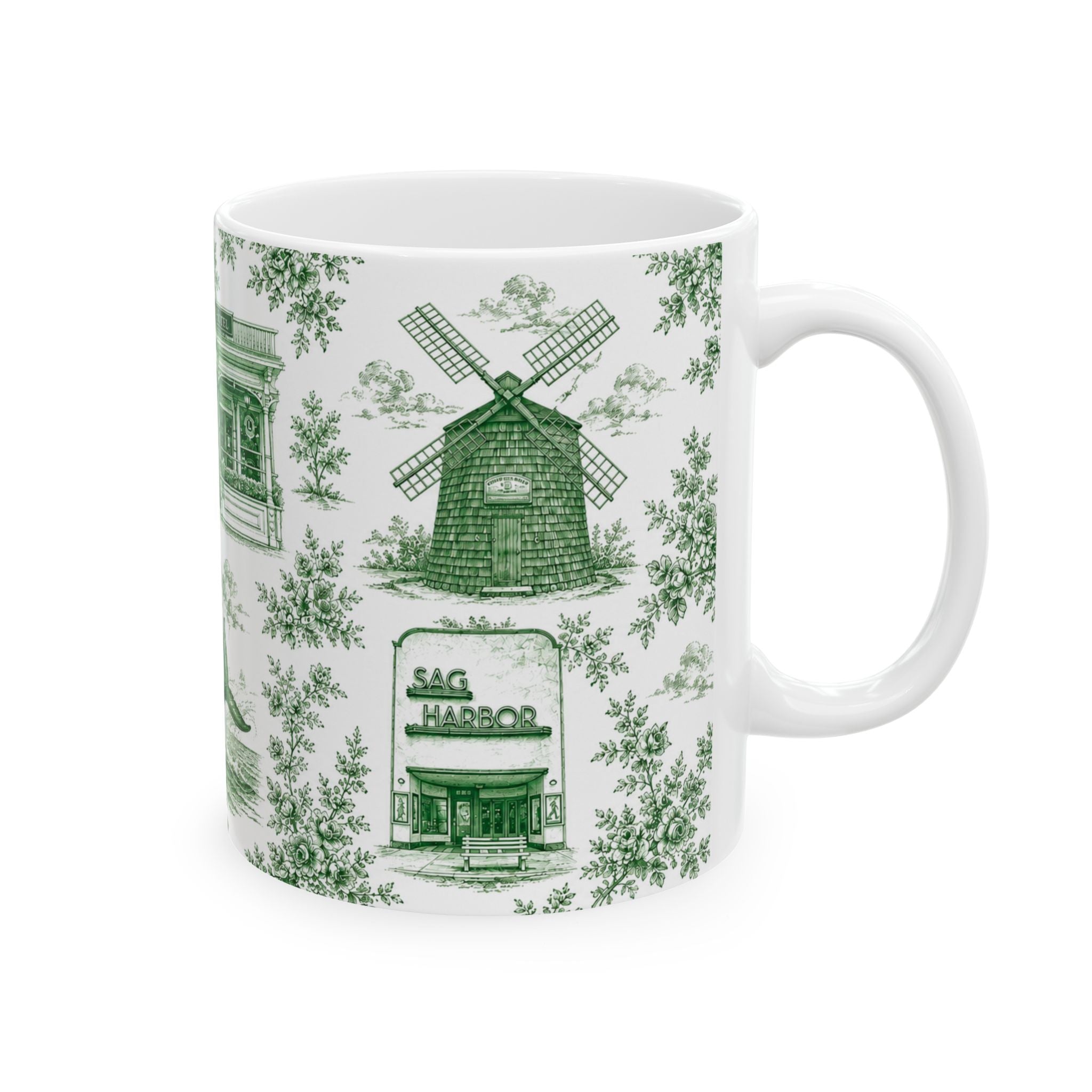 Sag Harbor Green Toile de Jouy Mug | Hamptons Chinoiserie Ceramic Coffee Cup