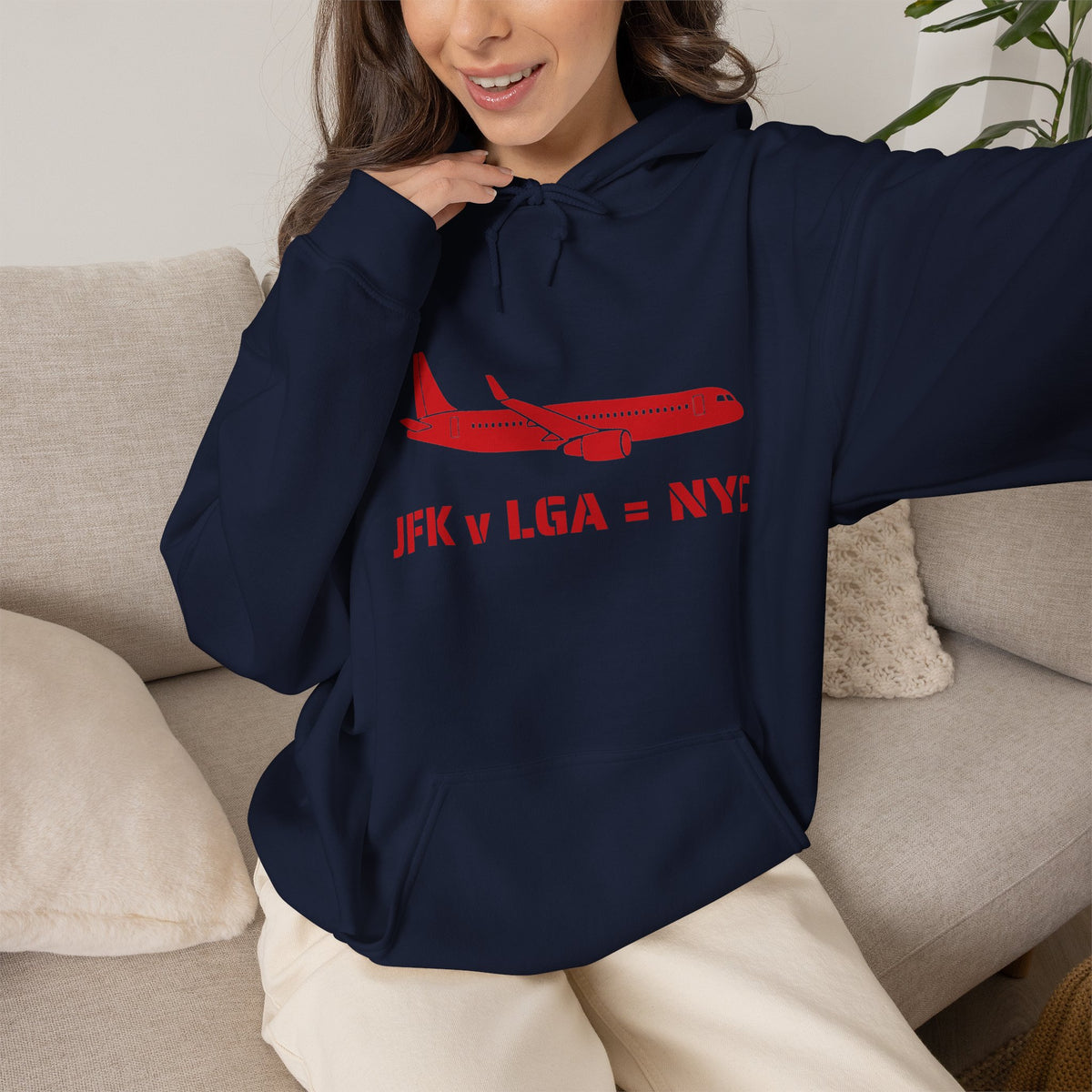 Travel Day NYC Airport Comfy Flight Hoodie  |  "JFK v LGA = NYC" Travel Math Airplane Hooded Sweatshirt