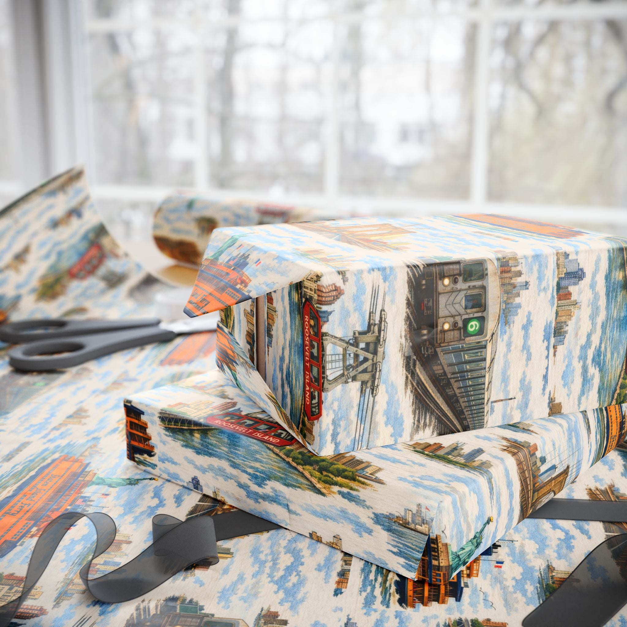 NYC Commuter Bridge & Tunnel Proud Toile NYC Gift Wrapping Paper | New York City Transit Subway Ferry Toile Pattern Roll