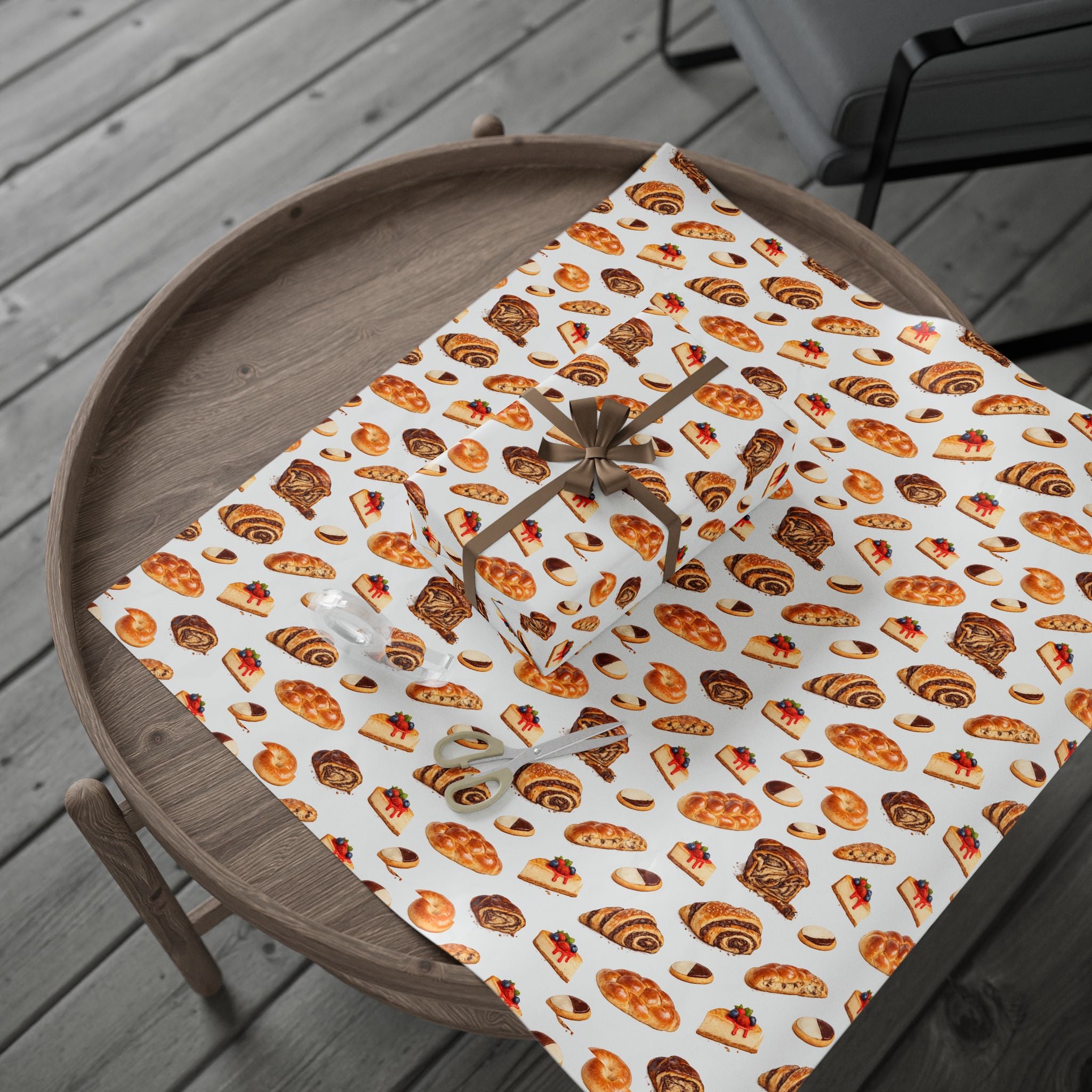 Kosher Bakery Pastries Pattern White Gift Wrap Paper | Bagels Challah Cheesecake Roll Gift Wrapping Paper