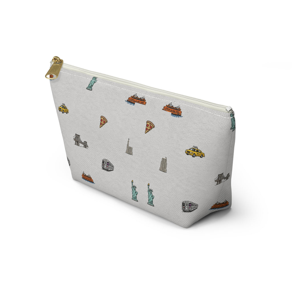 Icons of New York City Heather Gray Accessory Pouch — T-Bottom Makeup Bag with Statue of Liberty, Taxi & Pizza Pattern