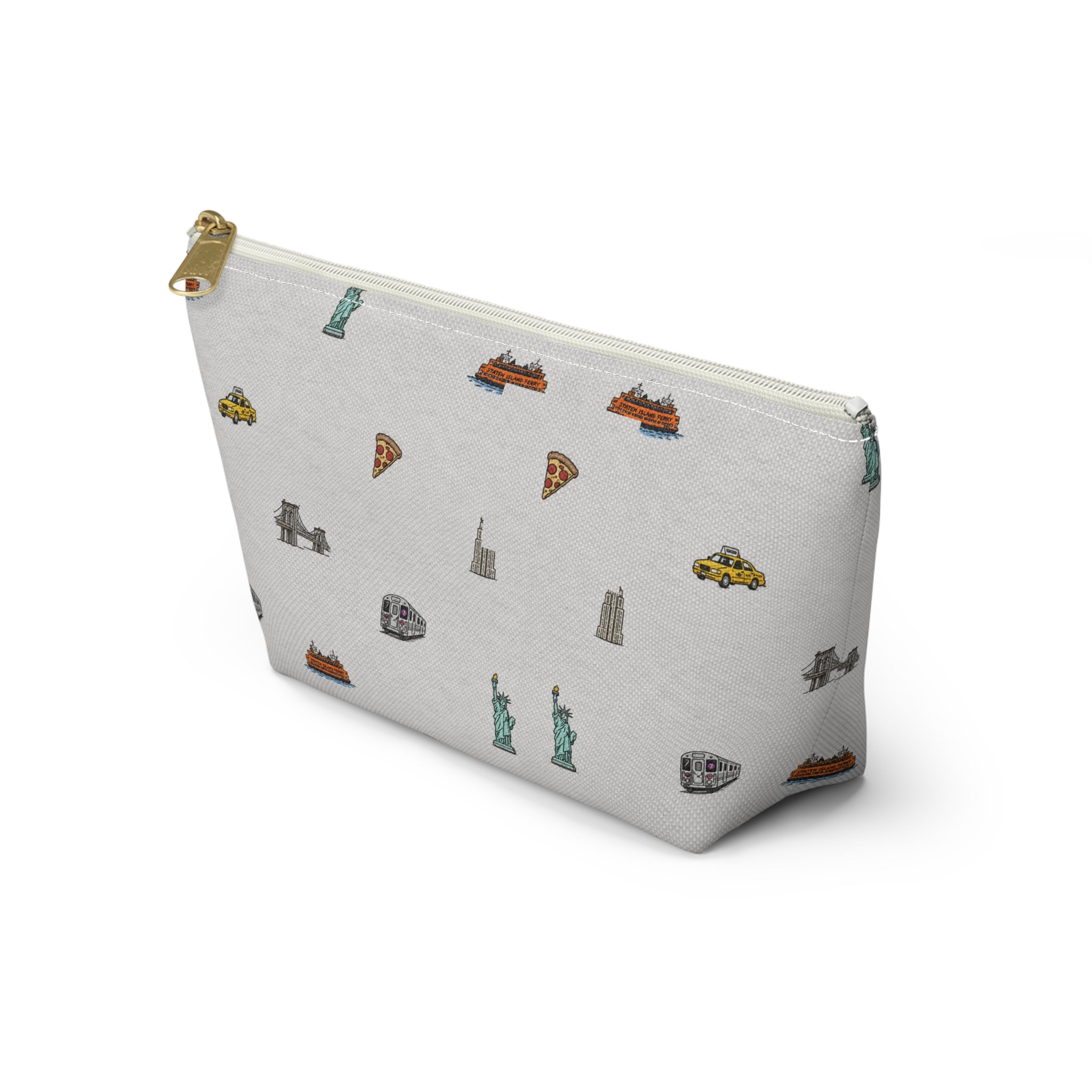 Icons of New York City Heather Gray Accessory Pouch — T-Bottom Makeup Bag with Statue of Liberty, Taxi & Pizza Pattern