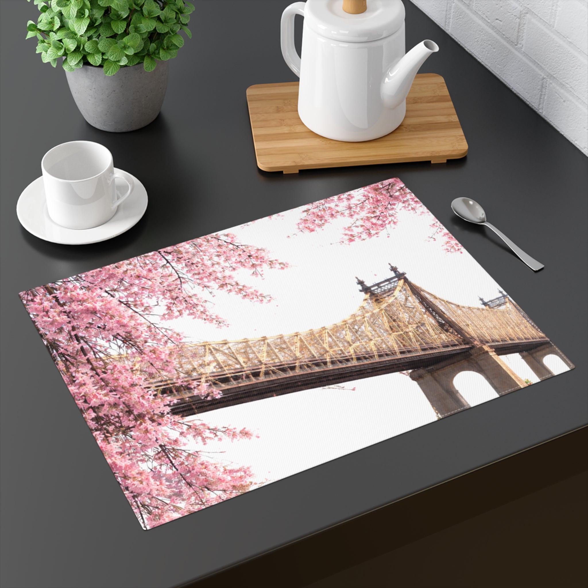 Cherry Blossoms Framing Queensboro Bridge Tabletop Placemat — NYC Roosevelt Island Floral Sakura Table Mat