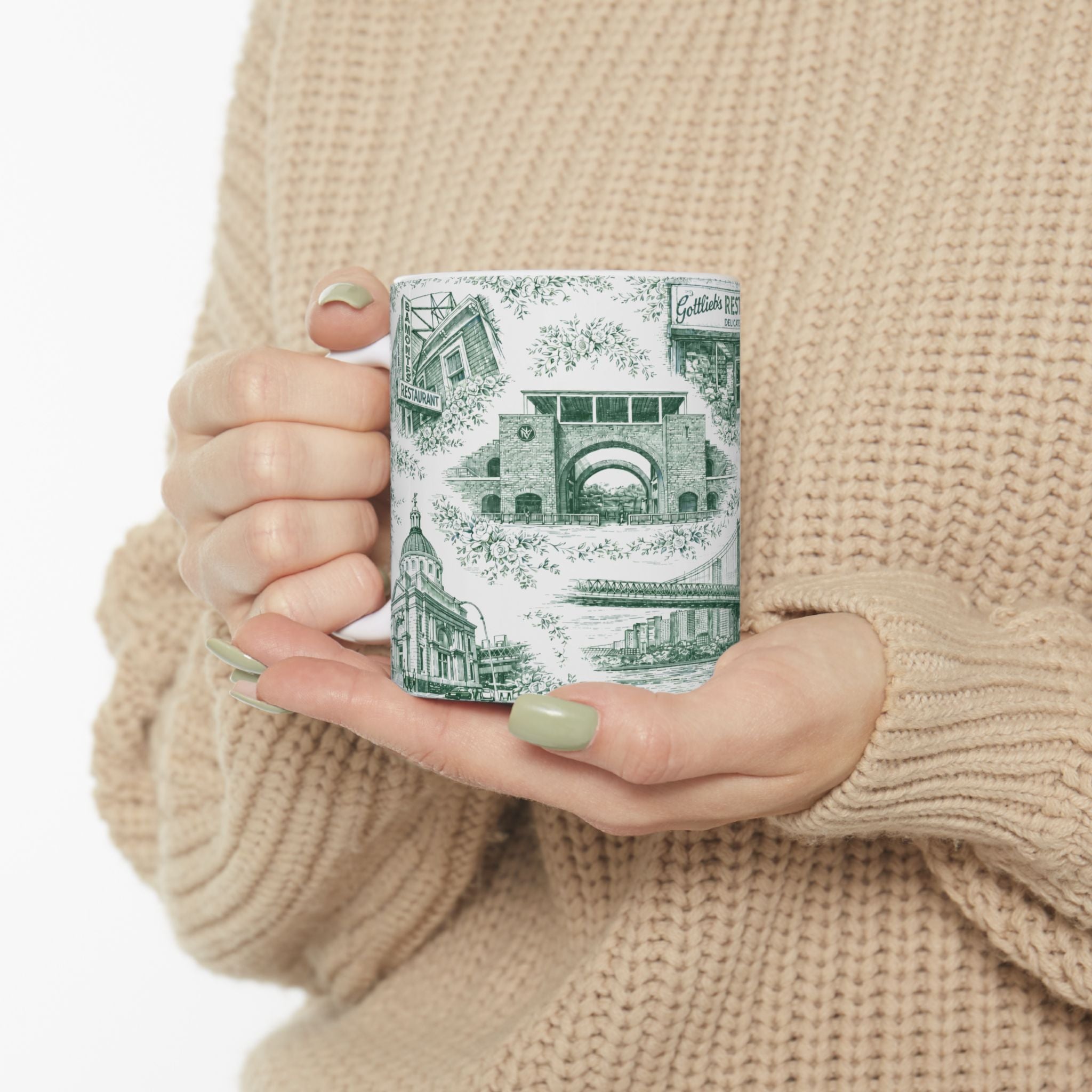 Williamsburg Green and White Toile de Jouy Mug | Brooklyn Chinoiserie Ceramic Coffee Cup