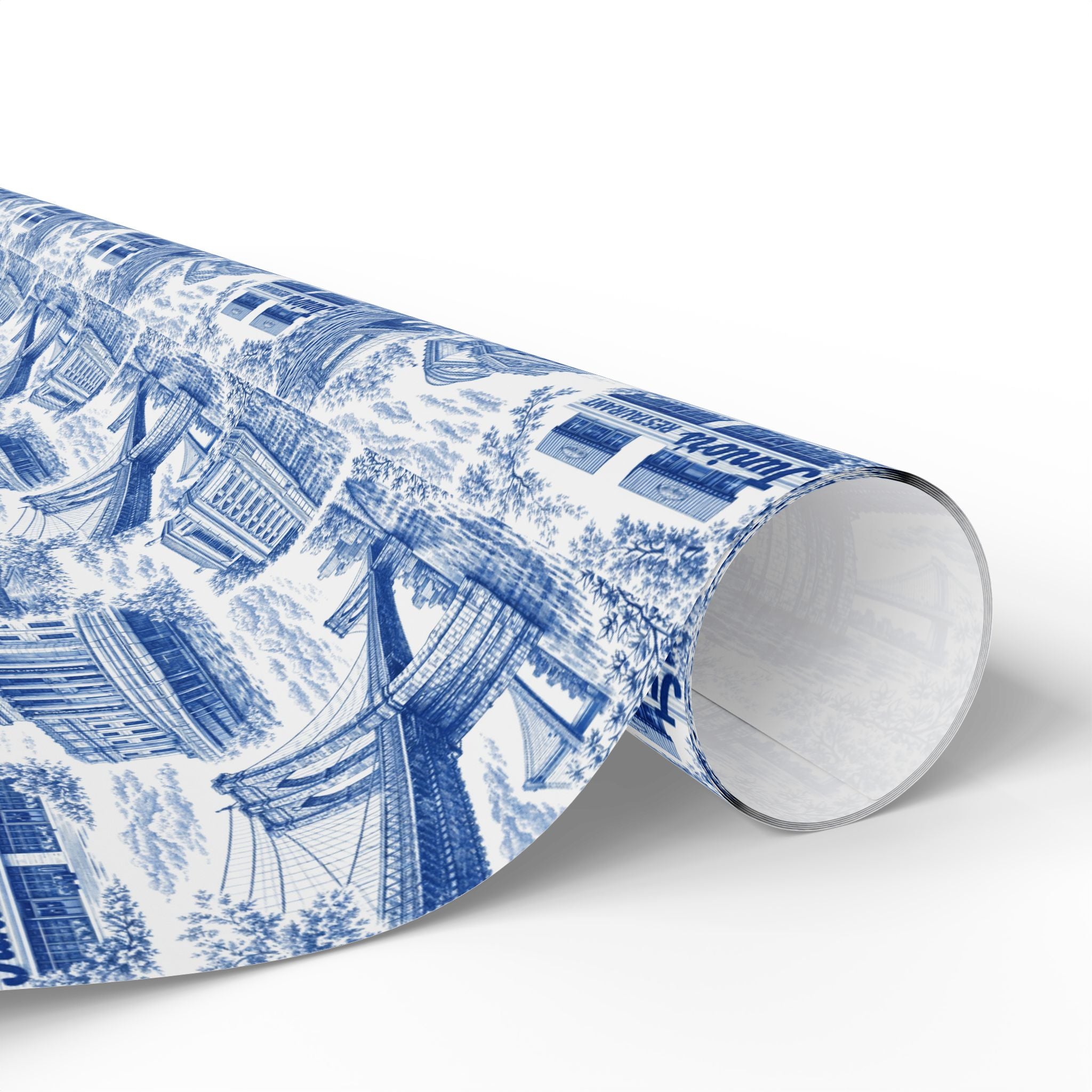 Brooklyn NYC Blue Toile Gift Wrapping Papers   Chinoiserie New York City Gift Wrap Brooklyn Bridge Prospect Park Junior's DUMBO Museum
