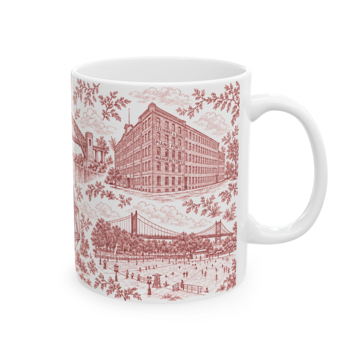 Astoria Red Toile Cityscape Ceramic Mug — 11oz Decorative Coffee Cup
