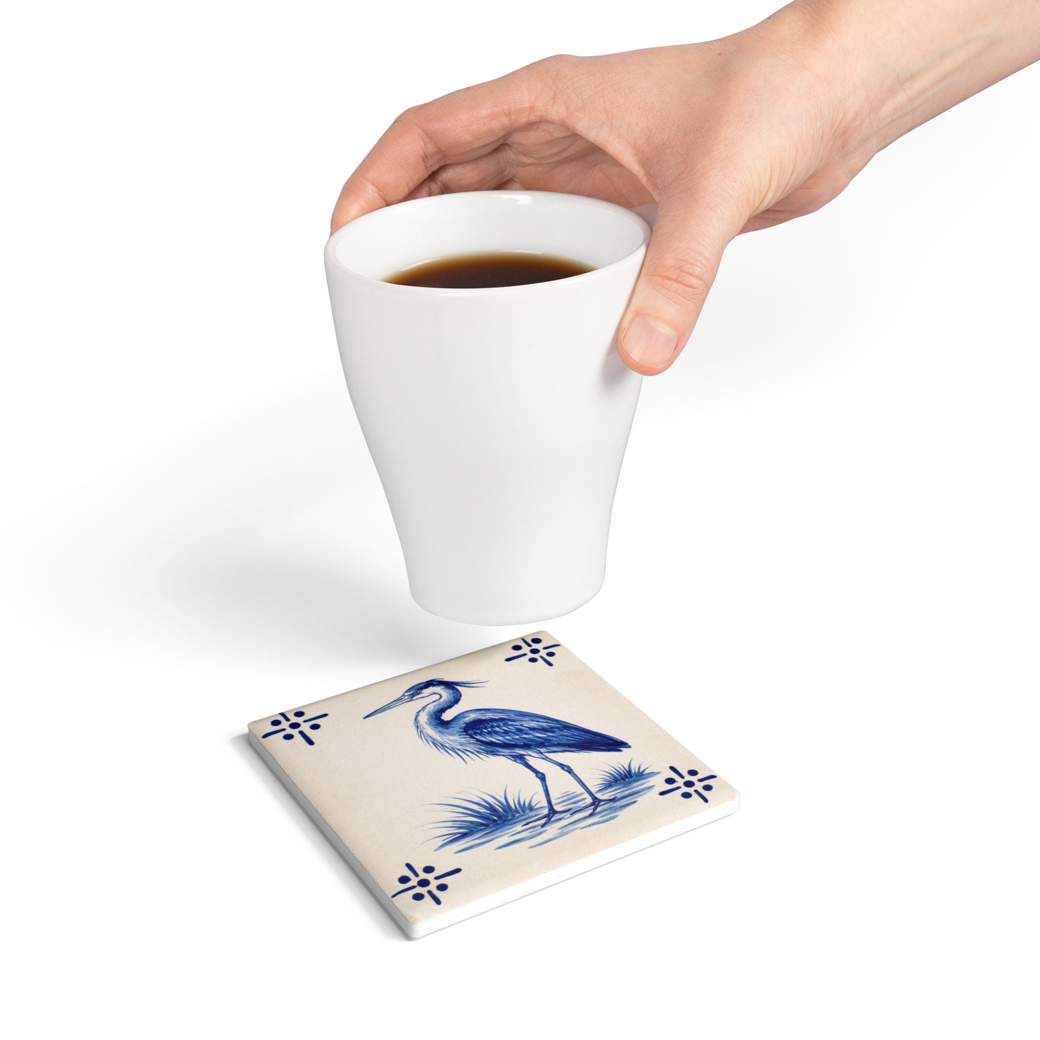 Staten Island Blue Heron Ceramic Coaster – Coastal Azulejos-style Tile Drink Coaster