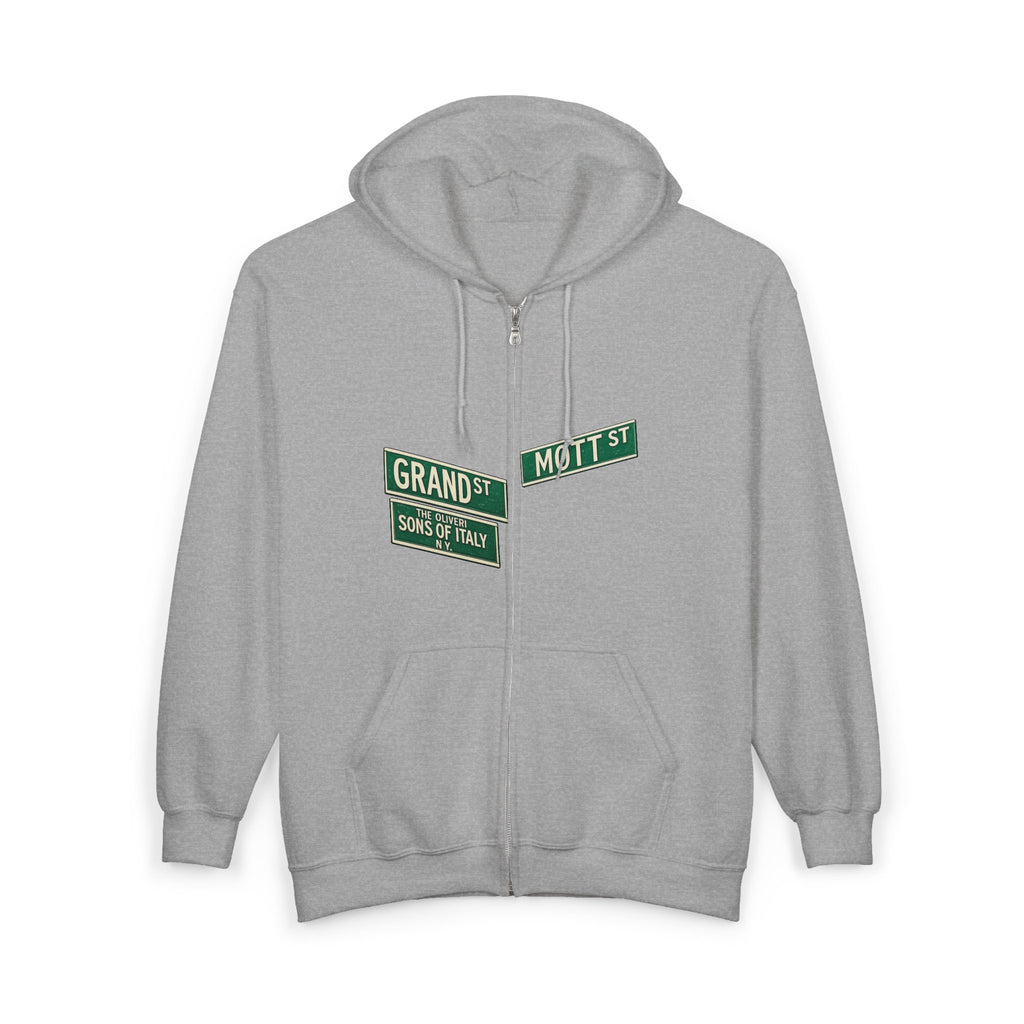 Little Italy Street Sign Zip up Hoodie | New York City Grand and Mott Sons of Italy Hooded Sweatshirt