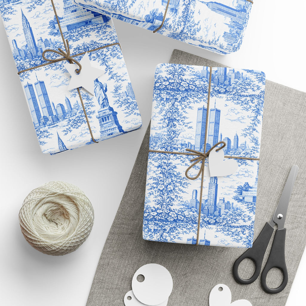 Manhattan NYC Blue Toile Gift Wrapping Papers   Chinoiserie New York City Gift Wrap Empire State Building Twin Towers Statue of Liberty