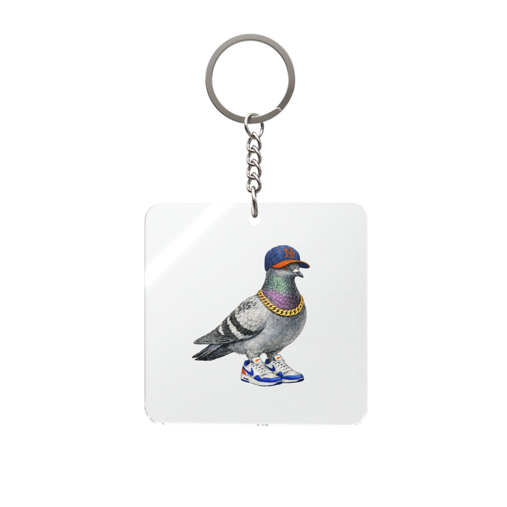 Customizable Queens NYC Pigeon Square Keychain |  Mets Baseball Fan Bird Lovers Keyring Gift
