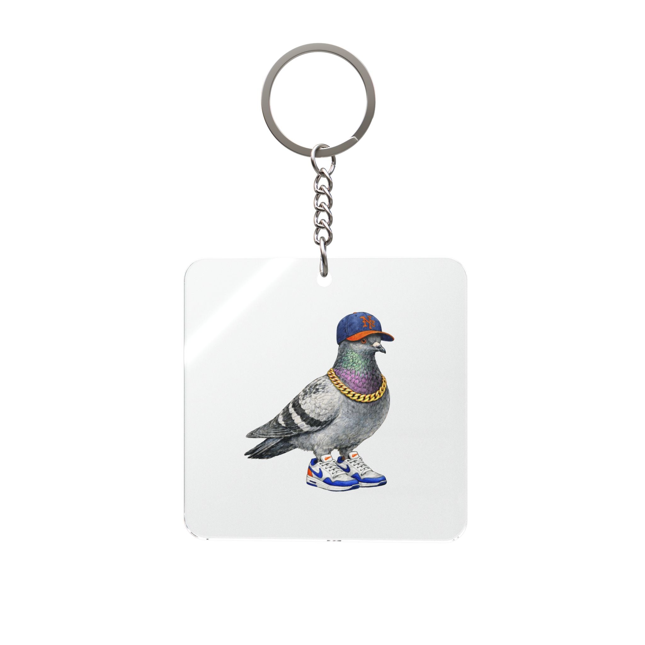 Customizable Queens NYC Pigeon Square Keychain |  Mets Baseball Fan Bird Lovers Keyring Gift
