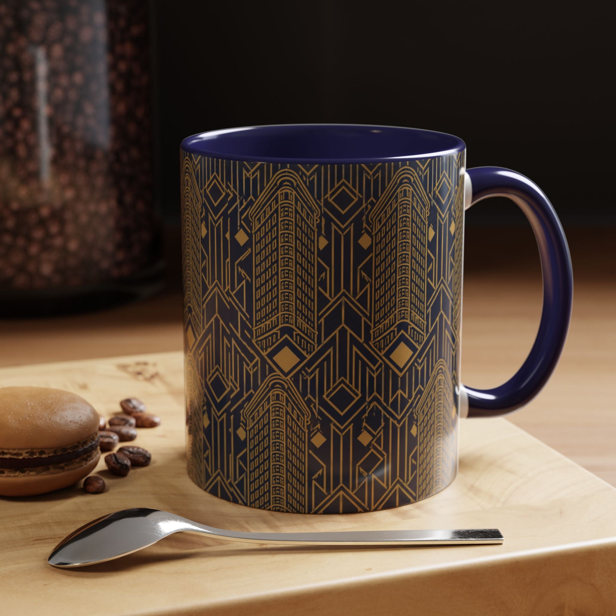 Art Deco Flatiron Building Navy & Gold Accent Coffee Mug — Manhattan Art Deco Pattern 11 oz