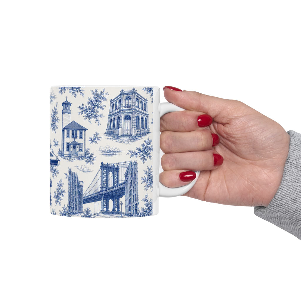 DUMBO Blue Toile de Jouy Mug | NYC Chinoiserie Ceramic Coffee Cup