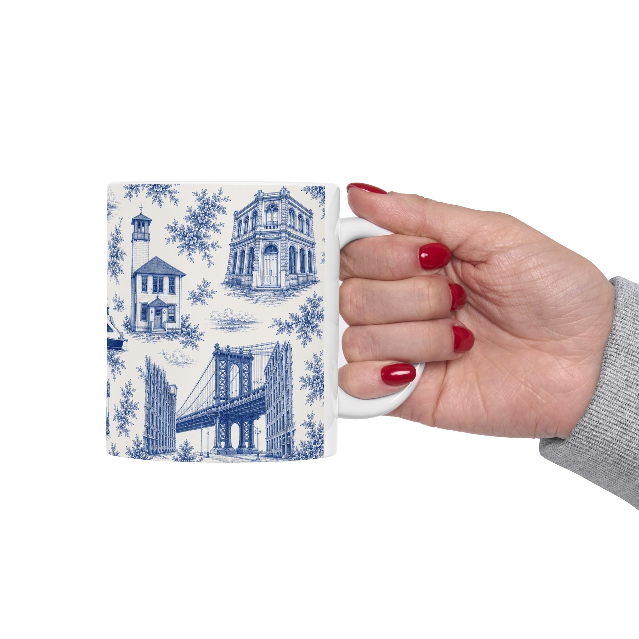 DUMBO Blue Toile de Jouy Mug | NYC Chinoiserie Ceramic Coffee Cup