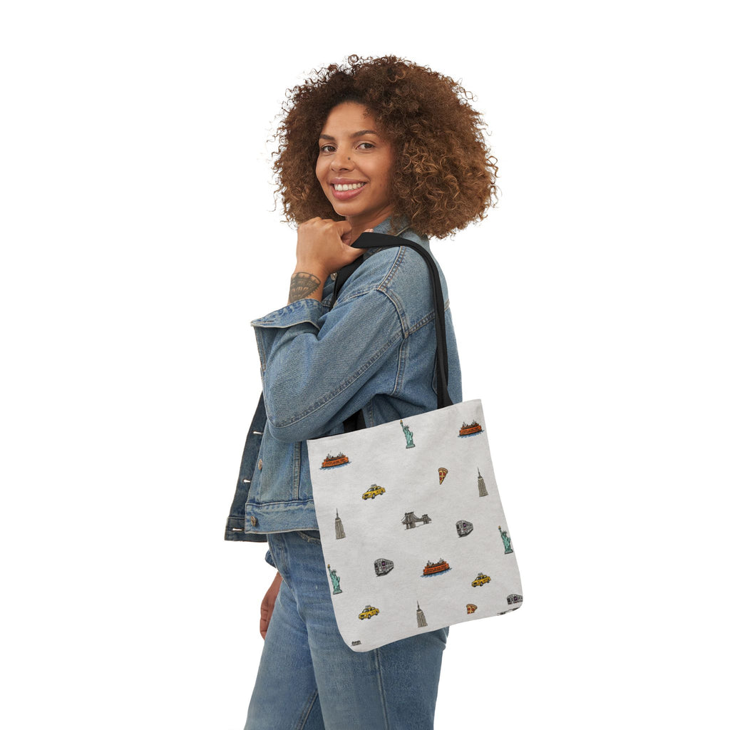 Icons of New York Heather Gray Canvas Tote — Statue of Liberty, Pizza & Taxi Pattern